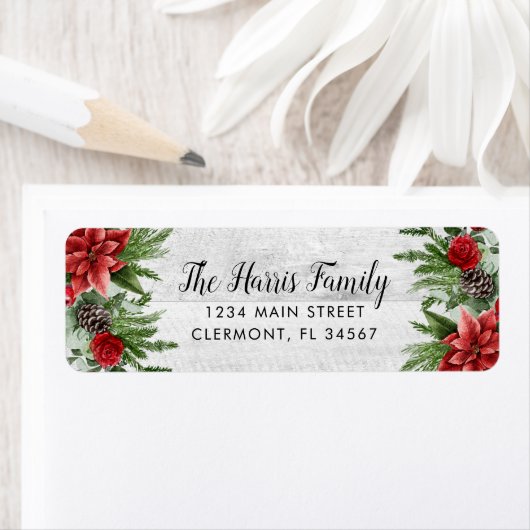 Spruce Pinecone und Poinsettia auf Weißholz (Insitu)