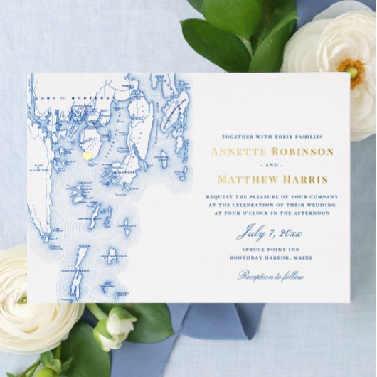 Spruce Point Inn Maine Wedding Navy und Gold Folieneinladung