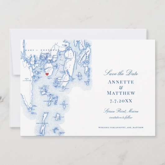Spruce Point Maine Elegant Blue Map und Foto Save The Date (Vorderseite)