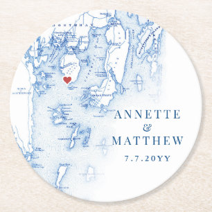 Spruce Point Maine Karte Elegante Blaue Gastgesche Runder Pappuntersetzer