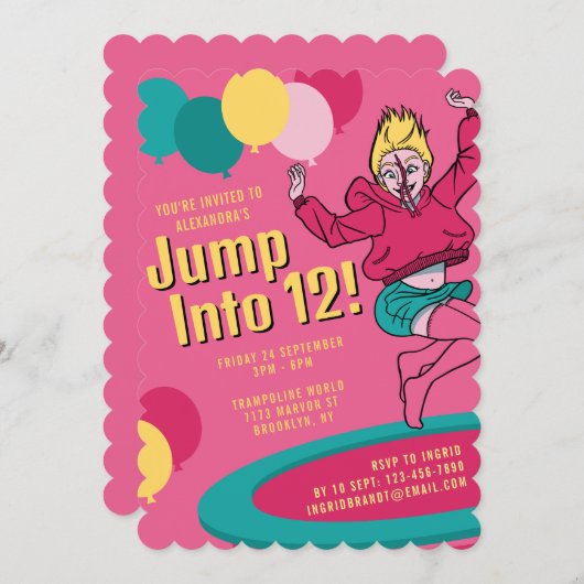 Sprung in 12 Niedliche Trampolin Girl 13. Geburtst Einladung (Vorne/Hinten)