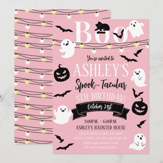 Spuk Geburtstag in Rosa Einladung (Vorne/Hinten)
