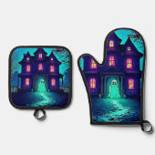 Spuk Halloween-Ghost-House-Design Ofenhandschuh & Topflappen-Set (Vorderseite)