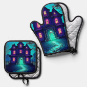 Spuk Halloween-Ghost-House-Design Ofenhandschuh & Topflappen-Set (Vorderseite/Rückseite)