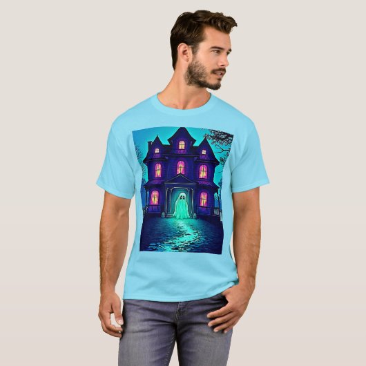 Spuk Halloween-Ghost-House-Design T-Shirt (Vorne ganz)