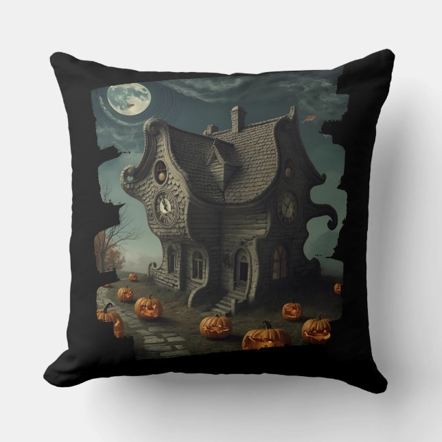 Spuk Halloween House mit Pumpkins und Vollmond Kissen (Vorderseite)