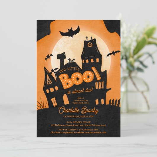 Spuk Haus Halloween kleine Babydusche Einladung (Stehend Vorderseite)