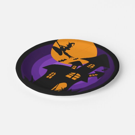 Spuk Haus Hexe Lila Orange Halloween-Party Pappteller (Schrägansicht)