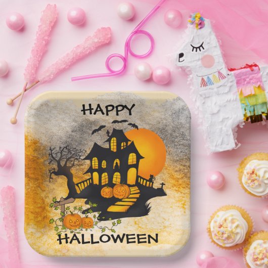 Spuk Haus Jack O'lanterns, Schwarze Katze, Flederm Pappteller (Party)