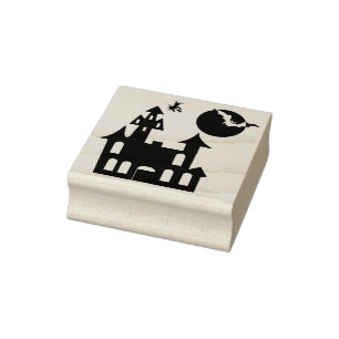 Spuk Haus mit Bat, Mond und Hexe Gummistempel