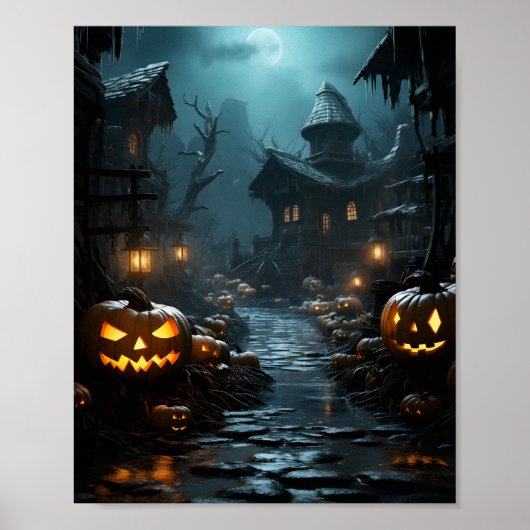 Spuk Haus mit Bäumen und Pumkins um Beängstigend Poster (Vorne)