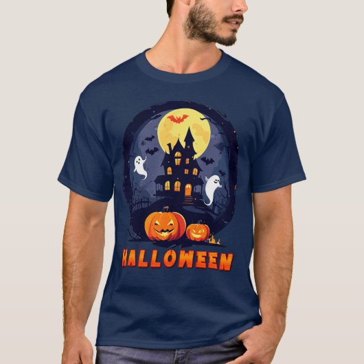 Spuk Haus mit Pumpkins, Geistern und Vollmond T-Shirt (Vorderseite)