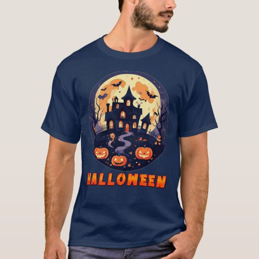 Spuk Haus mit Pumpkins, Geistern und Vollmond T-Shirt (Vorderseite)