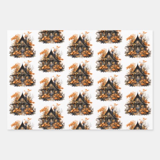 Spuk Haus mit Pumpkins Halloween-Muster Geschenkpapier Set (Vorderseite)