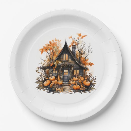 Spuk Haus mit Pumpkins Halloween Pappteller (Vorderseite)