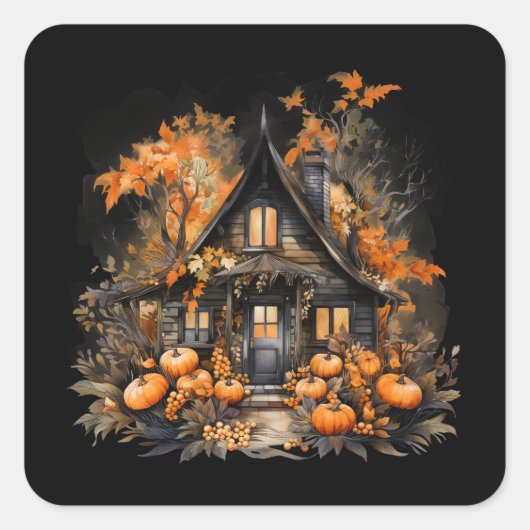 Spuk Haus mit Pumpkins Halloween Quadratischer Aufkleber (Vorderseite)