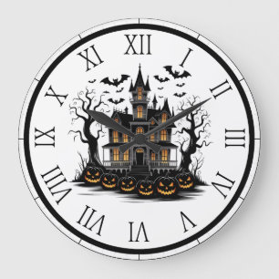 Spuk Haus mit Pumpkins und Fledermäusen Halloween Große Wanduhr