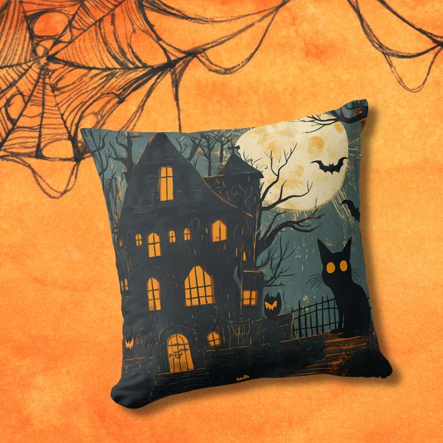 Spuk Haus Spooky Cat Full Moon Halloween Kissen (Von Creator hochgeladen)