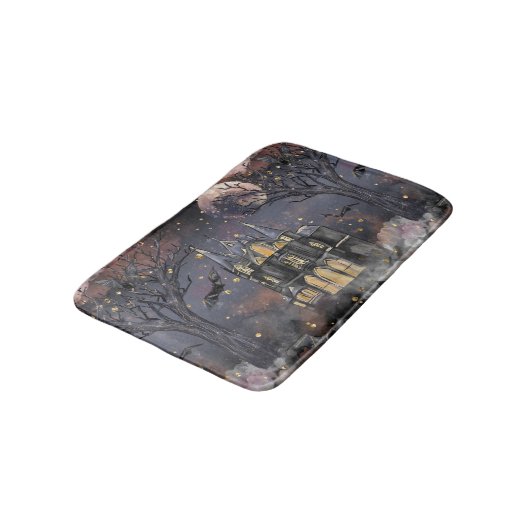 Spuk Haus | Spooky Vollmondbaum und Fledermäuse Badematte (Schrägansicht)