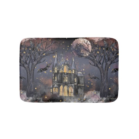 Spuk Haus | Spooky Vollmondbaum und Fledermäuse Badematte (Vorderseite)