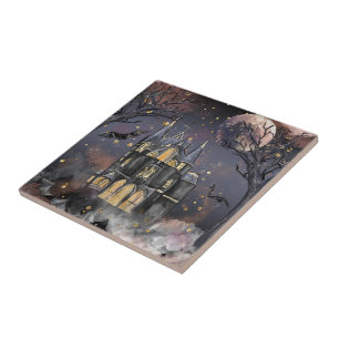 Spuk Haus   Spooky Vollmondbaum und Fledermäuse Fliese