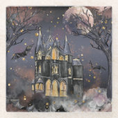 Spuk Haus | Spooky Vollmondbaum und Fledermäuse Glasuntersetzer (Vorderseite)