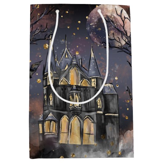 Spuk Haus | Spooky Vollmondbaum und Fledermäuse Mittlere Geschenktüte (Vorderseite)