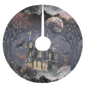 Spuk Haus | Spooky Vollmondbaum und Fledermäuse Polyester Weihnachtsbaumdecke (Vorderseite)