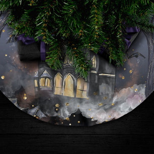Spuk Haus   Spooky Vollmondbaum und Fledermäuse Polyester Weihnachtsbaumdecke
