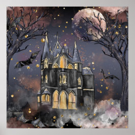 Spuk Haus | Spooky Vollmondbaum und Fledermäuse Poster
