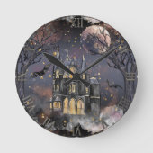 Spuk Haus | Spooky Vollmondbaum und Fledermäuse Runde Wanduhr (Vorderseite)