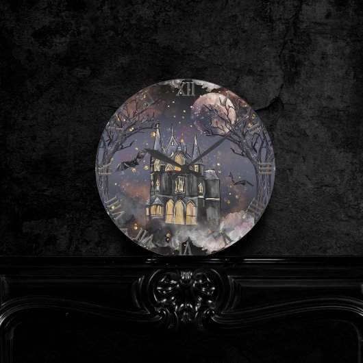 Spuk Haus | Spooky Vollmondbaum und Fledermäuse Runde Wanduhr