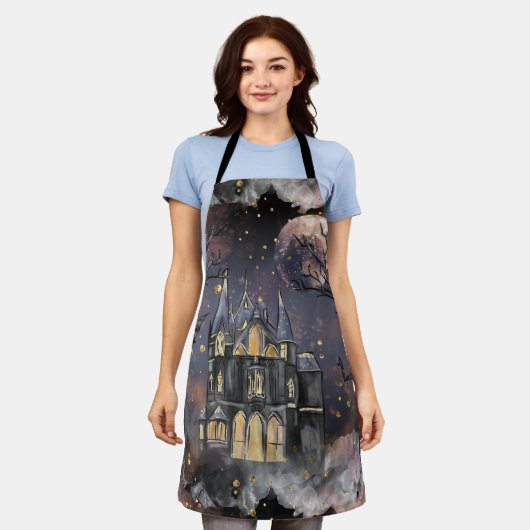 Spuk Haus | Spooky Vollmondbaum und Fledermäuse Schürze (Getragen)