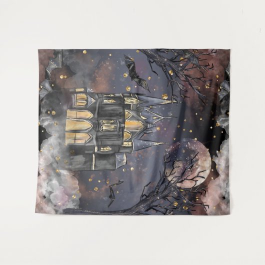 Spuk Haus | Spooky Vollmondbaum und Fledermäuse Wandteppich (Vorderseite (Horizontal))