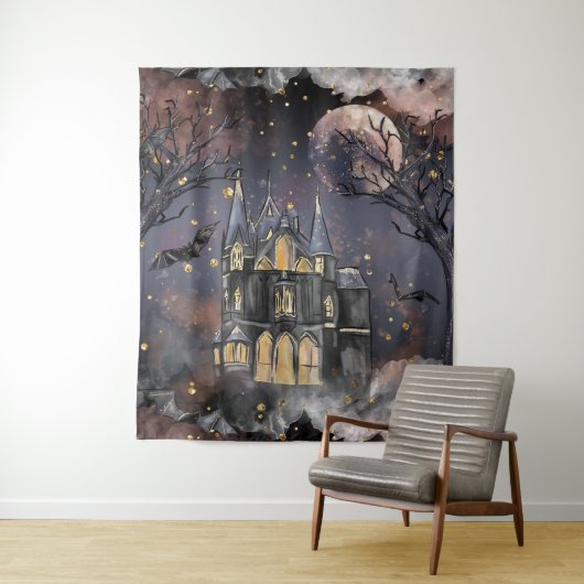 Spuk Haus | Spooky Vollmondbaum und Fledermäuse Wandteppich (Beispiel)