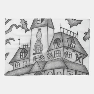 Spuk Haus und Fledermäuse Halloween Geschirrtuch