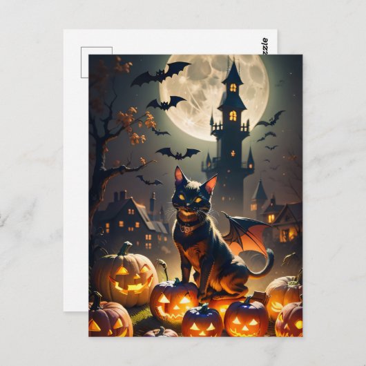 Spuk Haus, Vollmond, SchwarzkatzenHalloween Postkarte (Vorne/Hinten)