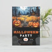 Spuk Haus Vollmond und Fledermäuse Schwarzes Hallo Einladung (Stehend Vorderseite)