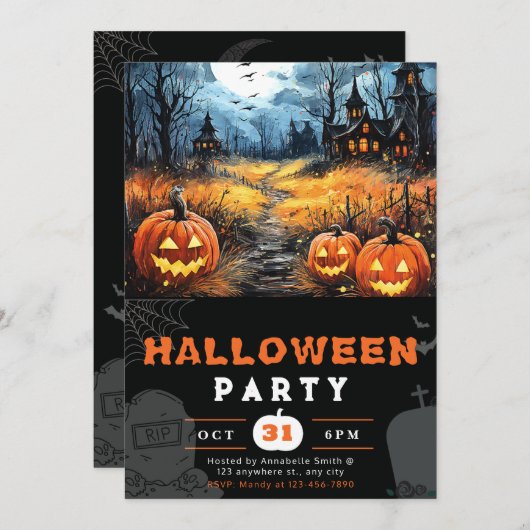 Spuk Haus Vollmond und Fledermäuse Schwarzes Hallo Einladung (Vorne/Hinten)