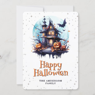 Spuk House Bats Moon Jack O’Lanterns Halloween Feiertagskarte