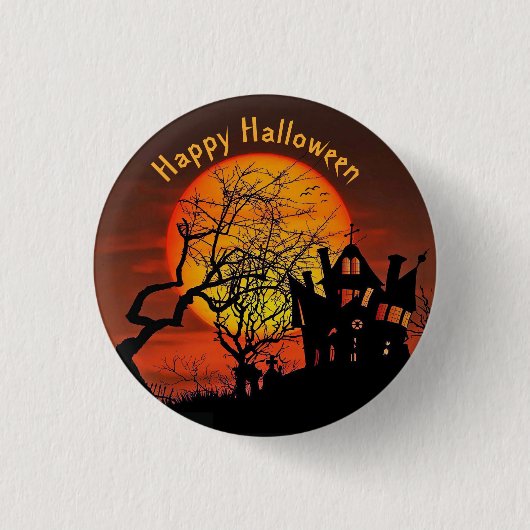 Spuk House Full Moon Graphic Halloween Button (Vorderseite)