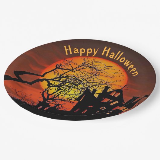 Spuk House Full Moon Graphic Halloween Pappteller (Schrägansicht)