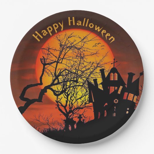 Spuk House Full Moon Graphic Halloween Pappteller (Vorderseite)