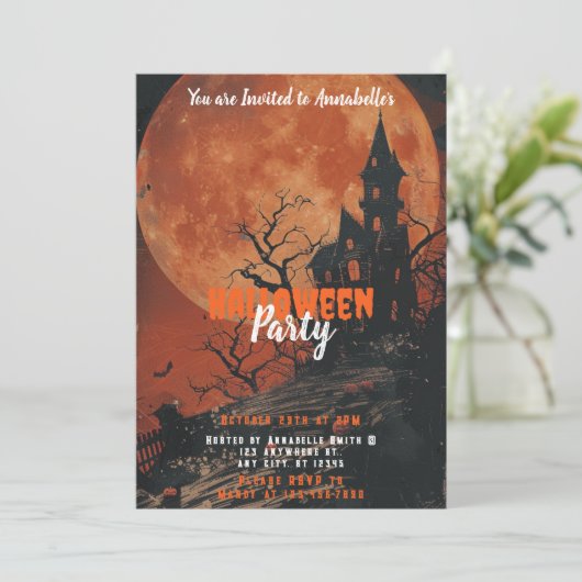 Spuk House Full Moon Pumpkins Halloween-Party Einladung (Stehend Vorderseite)