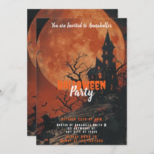 Spuk House Full Moon Pumpkins Halloween-Party Einladung (Vorne/Hinten)