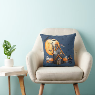 Spuk House Ghosts Full Moon Dark Blue Halloween Kissen