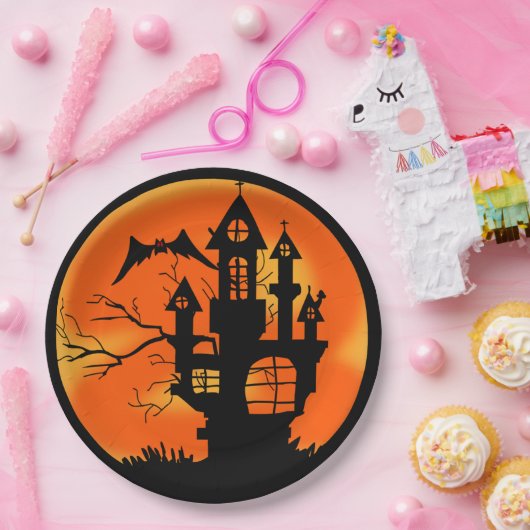 Spuk House Orange Halloween Pappteller (Party)