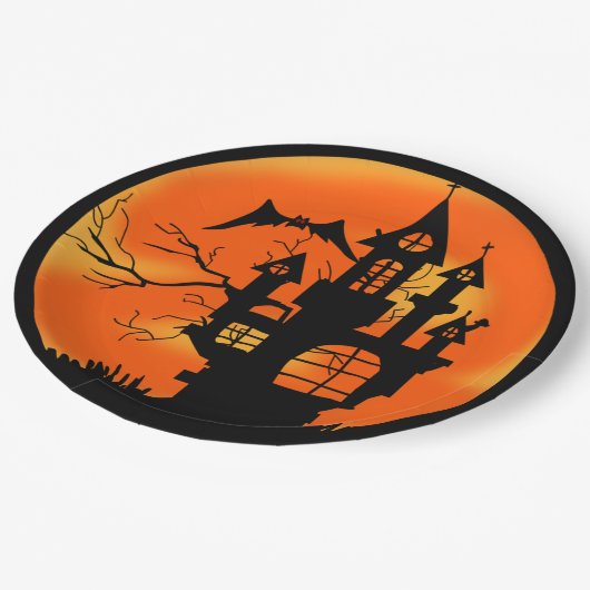 Spuk House Orange Halloween Pappteller (Schrägansicht)