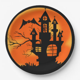 Spuk House Orange Halloween Pappteller