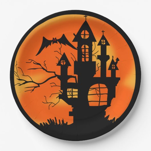 Spuk House Orange Halloween Pappteller (Vorderseite)